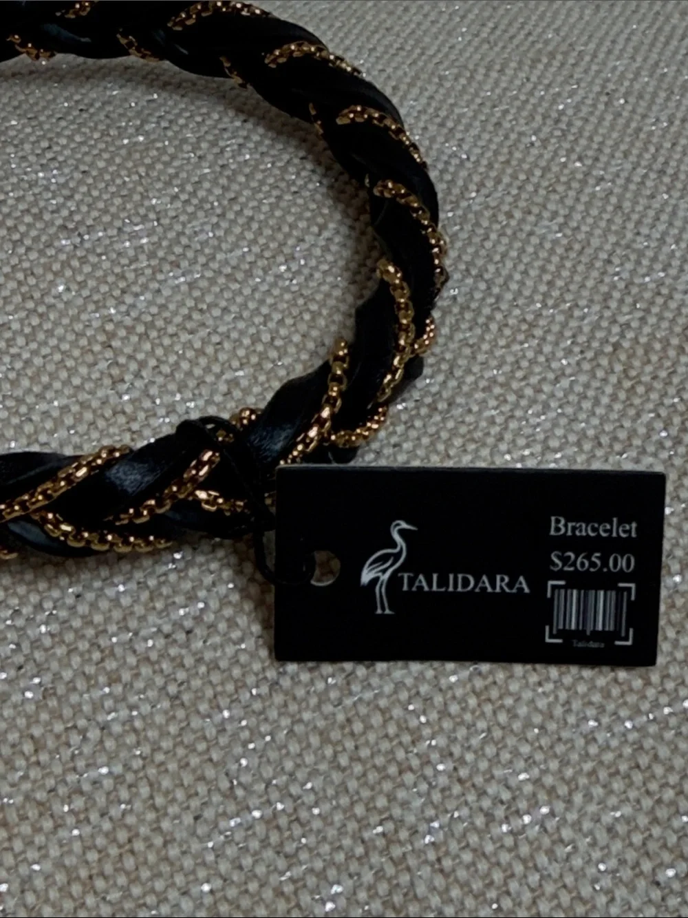 Black Leather Bracelet with Gold Chain Accent